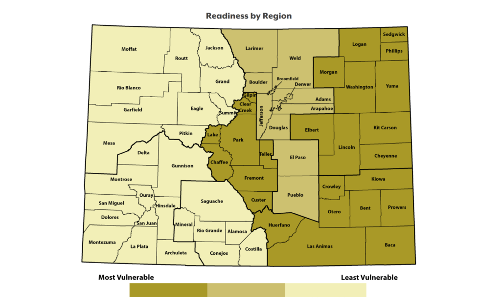 Map of climate change readiness based on Colorado's counties