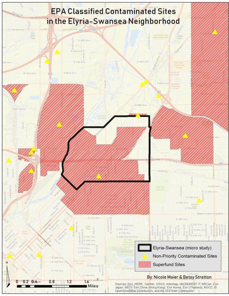 Map showing Superfund and contaminated sites in North Denver (UCD research group)