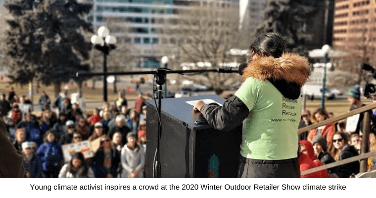 Young climate activist inspires a crowd at the 2020 Winter Outdoor Retailer show Climate Strike