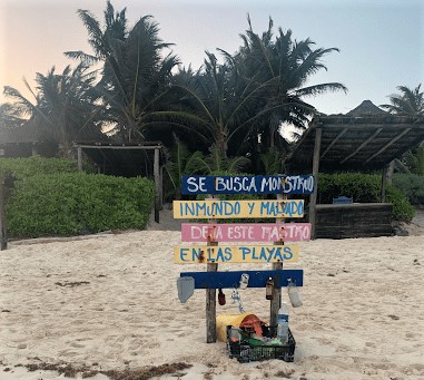 A wooden sign that calls out plastic pollution on a beach in Tulum