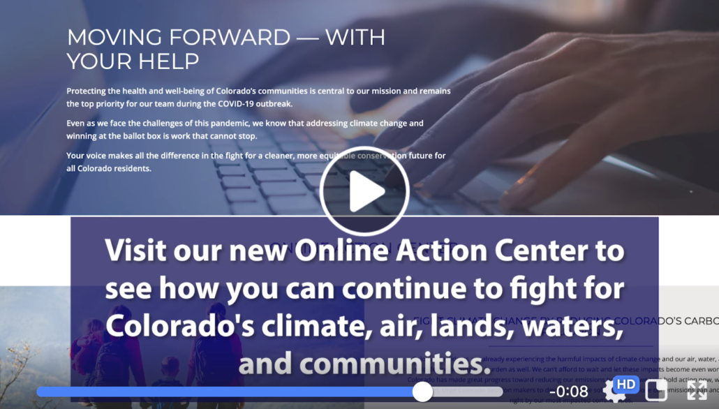 Screenshot of video with text, "Visit our new Online Action Center"