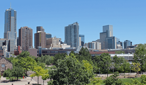 Denver park with buildings behind