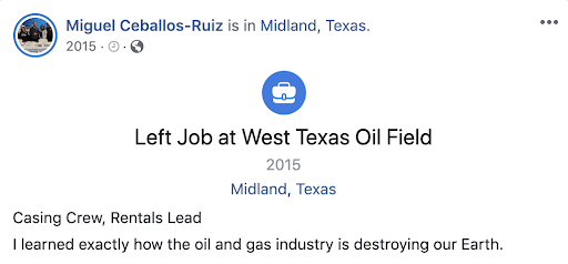 Miguel shares that he is leaving work on the oilfield in a Facebook status update